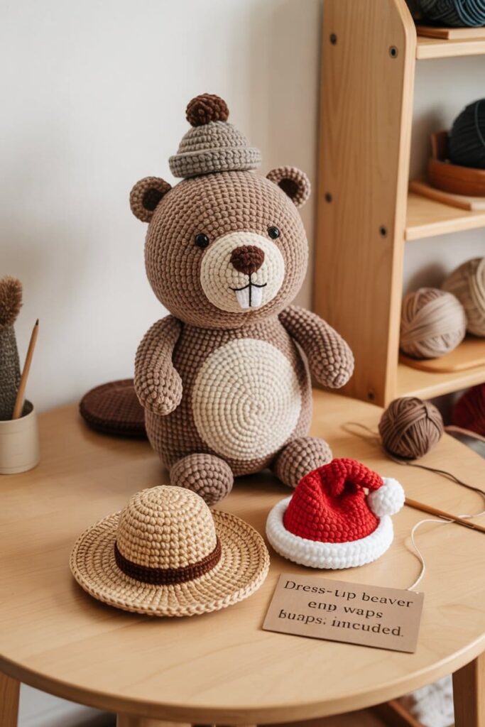 Crochet Beaver Toy with Detachable Hat