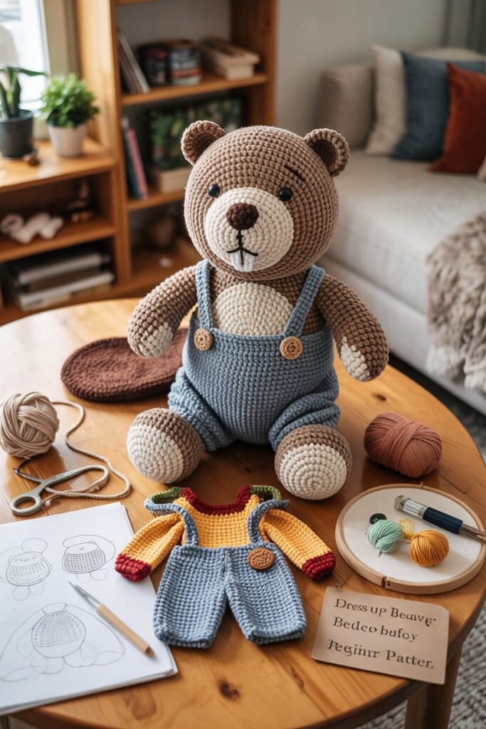 Crochet Beaver with Overalls and Buttons