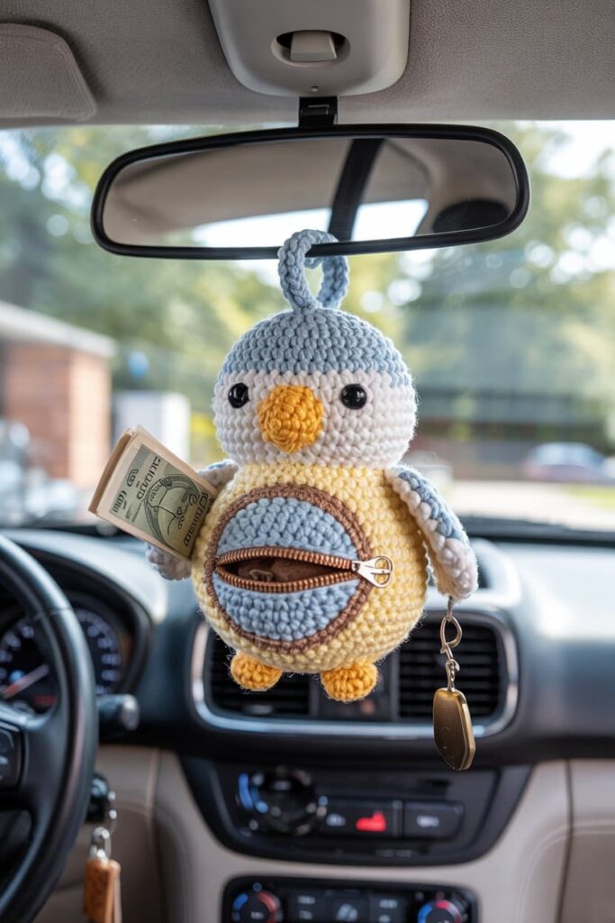 Crochet Bird Car Rearview Mirror Charm with Pouch