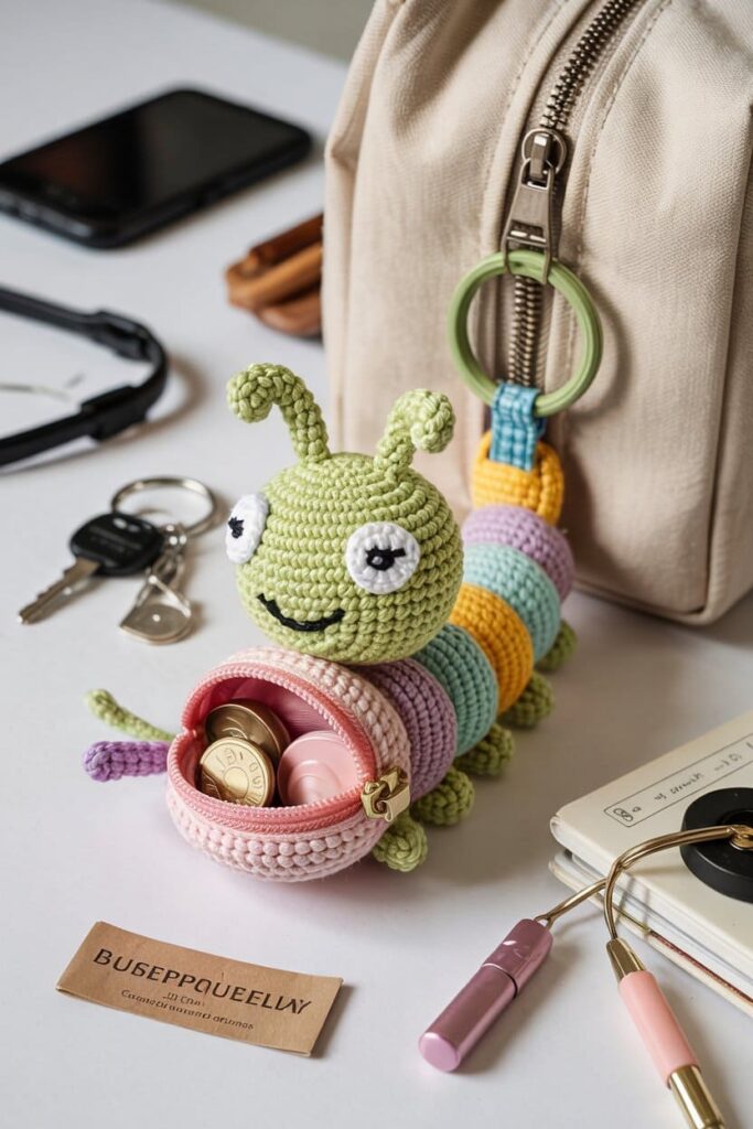 Crochet Caterpillar Keyring Coin Holder
