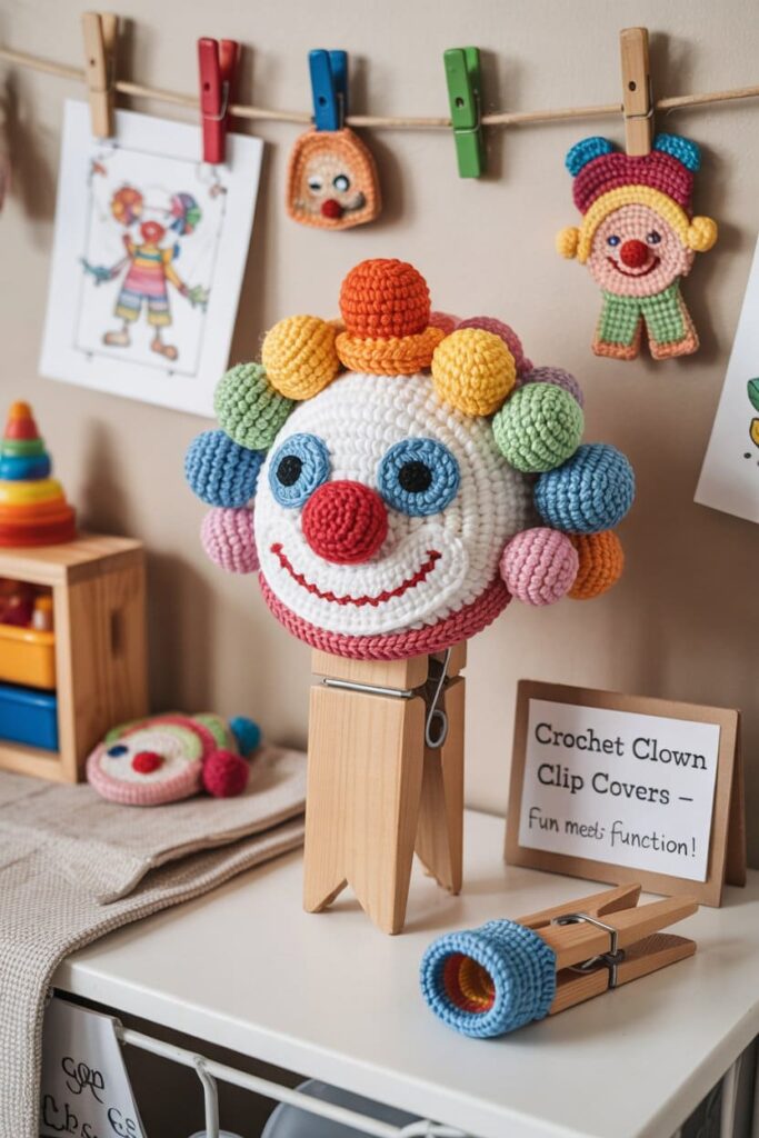 Crochet Clown Peg Clip Cover