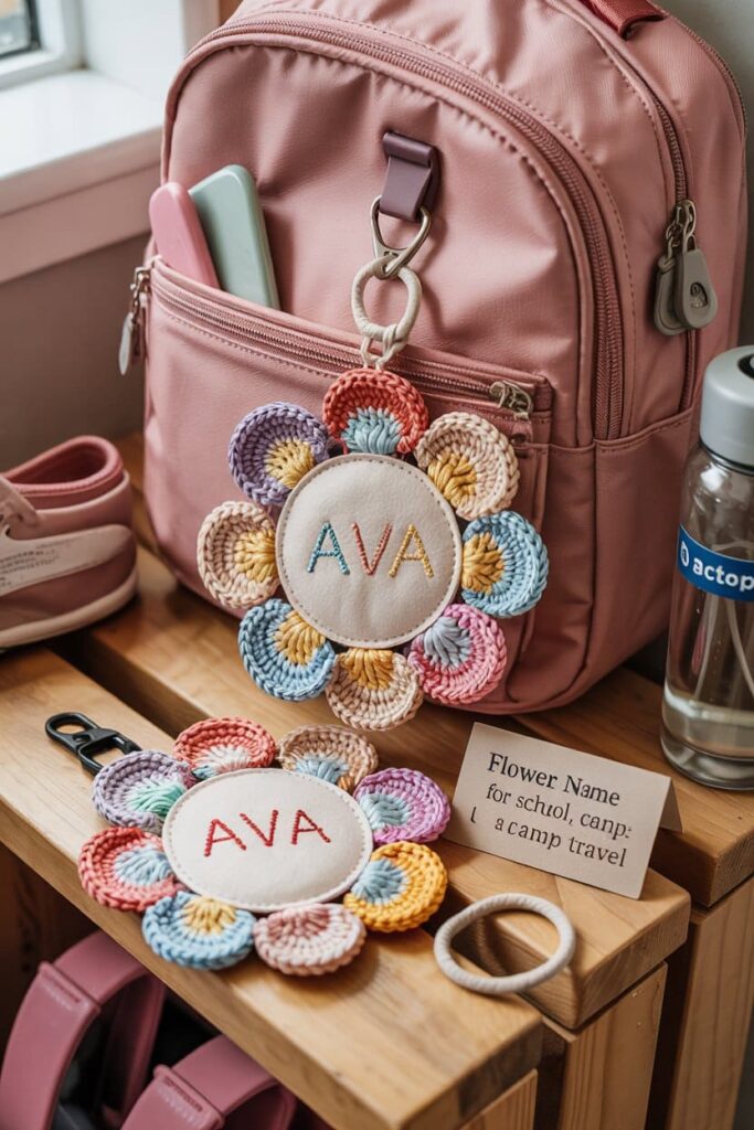 Crochet Flower Bag Tag with Name Label