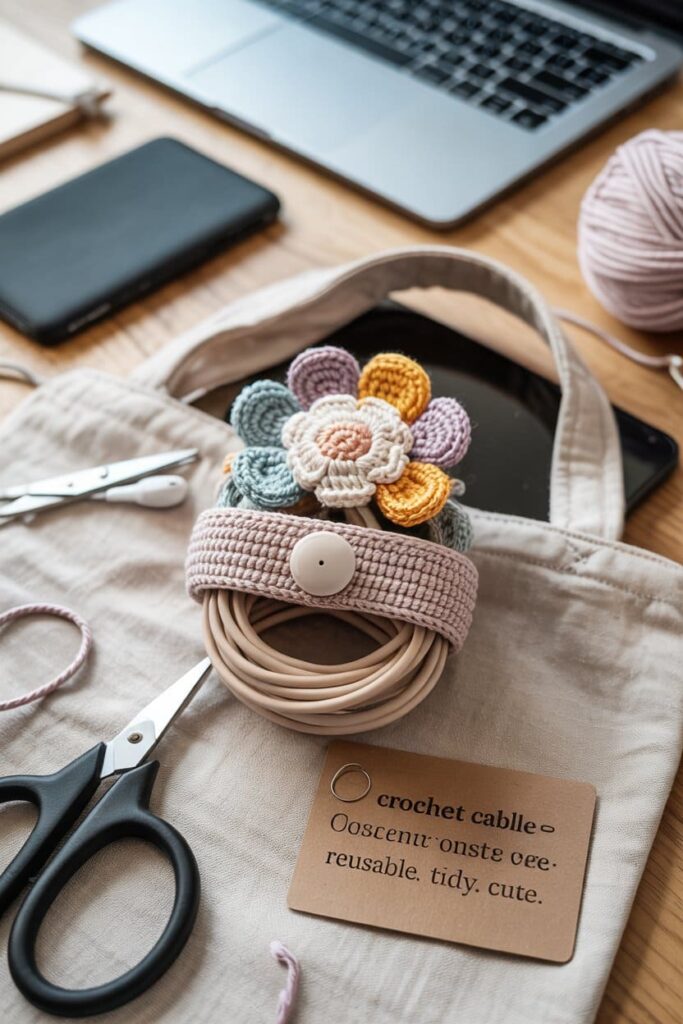 Crochet Flower Cable Holder Strap