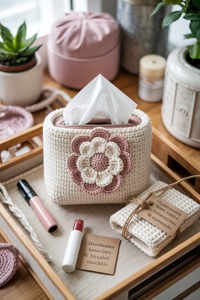 Crochet Flower Pocket Tissue Holder Cover