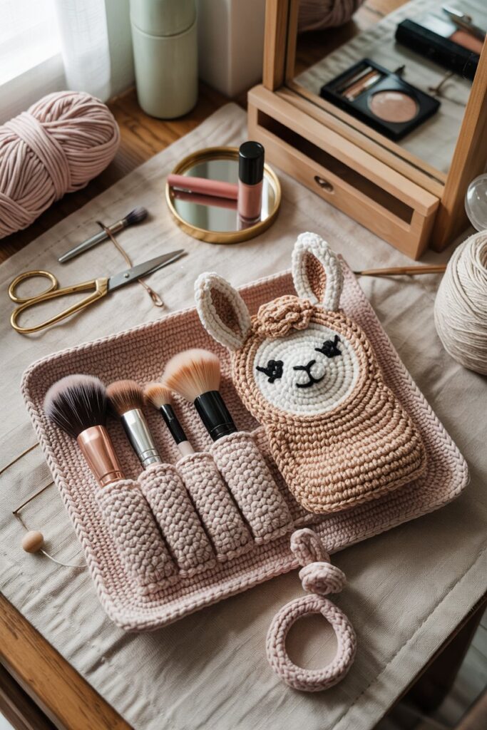 Crochet Llama Makeup Brush Roll