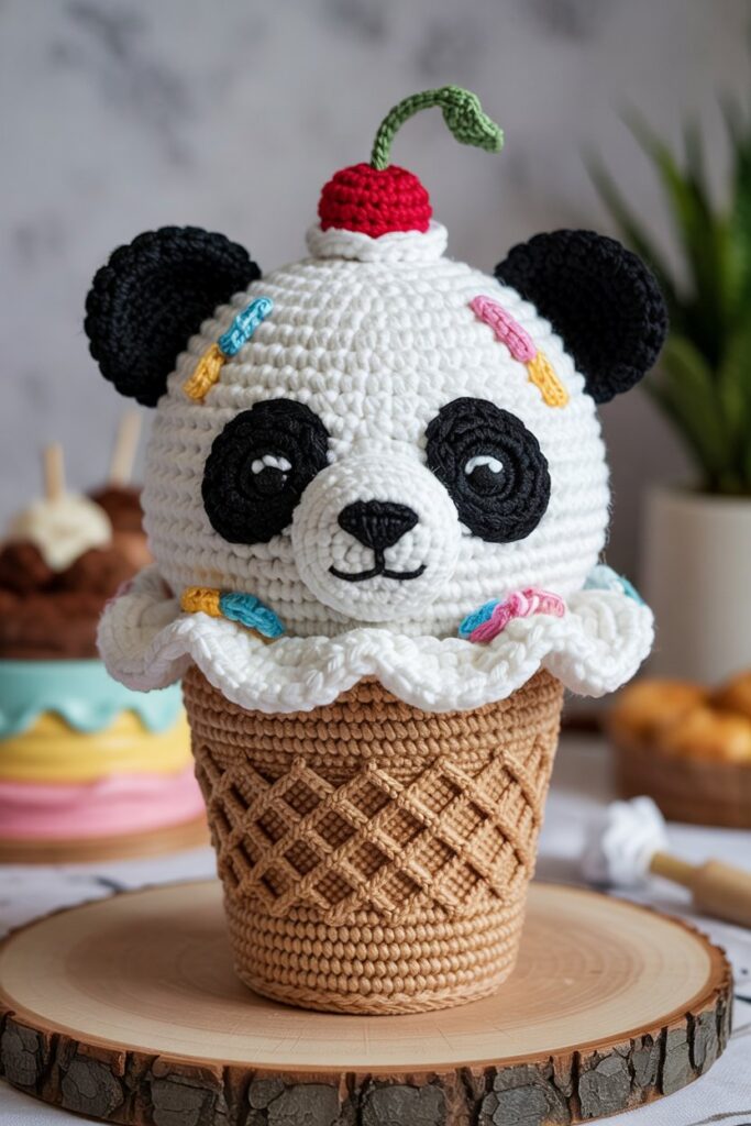 Crochet Panda in Ice Cream Cone Costume