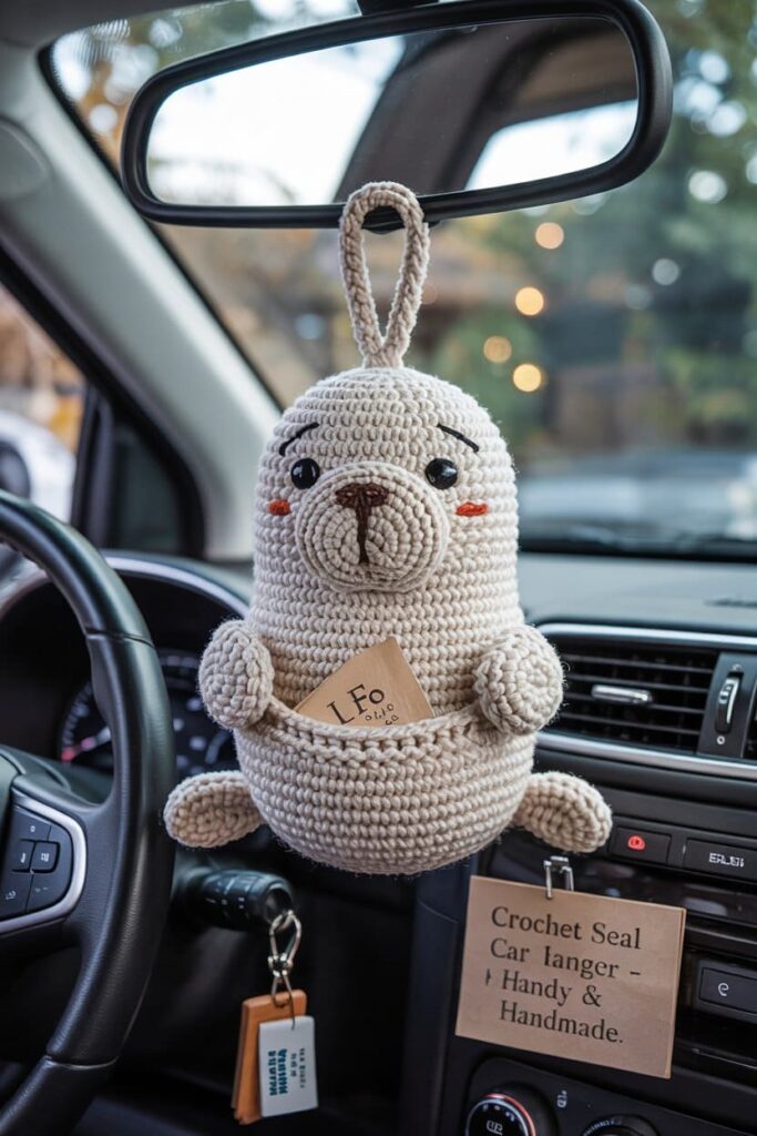 Crochet Seal Car Mirror Hanger Pouch