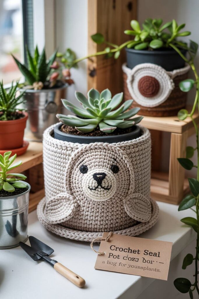 Crochet Seal Plant Pot Cover Accent