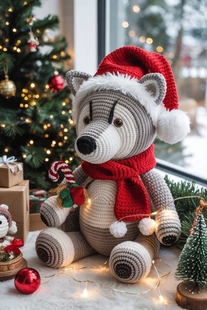 Holiday Wolf with Santa Hat
