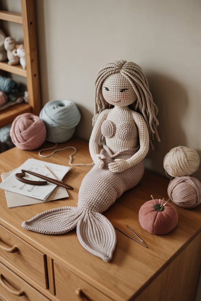 Seated Crochet Mermaid for Shelf Display