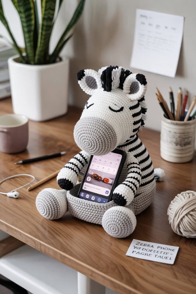 Zebra-Inspired Crochet Phone Stand